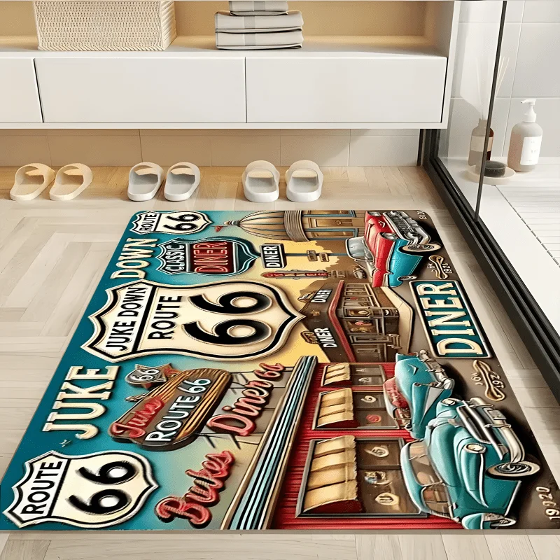 Vintage Route 66 Diner Flannel Rug Retro Classic Cars Jukebox Print Floor Mat Soft Non-slip Area Carpet for Living Room Bedroom