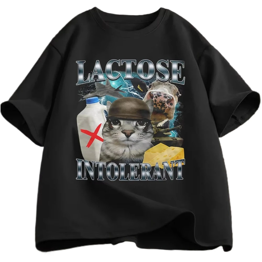 

25 Fashion Short Sleeve T-shirts Cotton Casual Cozy Oversized T Shirts Lactose Intolerant Funny Cat Meme T-Shirt Men Women Retro