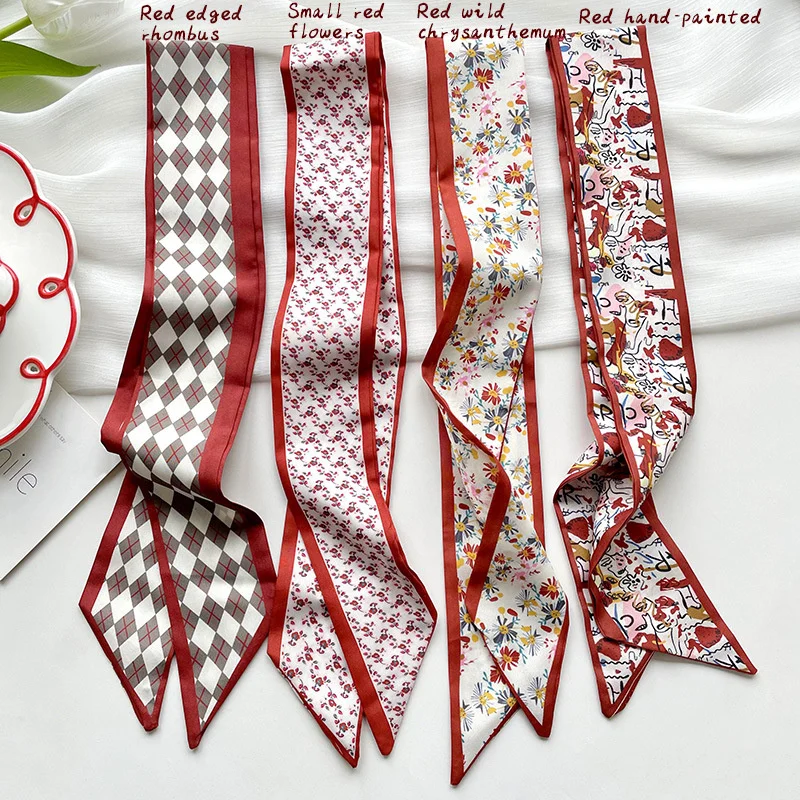 Red Series Flowers Bag Handbag Handle Ribbon Scarf Hair Head Band Neck Scarf Neckerchief Scarf Handle Wrap Silk Ribbon for Women