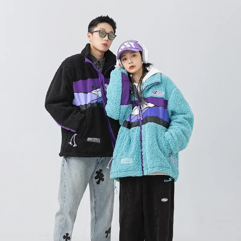 Lambswool Hoodies Jacket Men Manga Snowy mountain Jackets Couple Harajuku Loose Chaquetas Male Hip Hop Oversize Streetwear