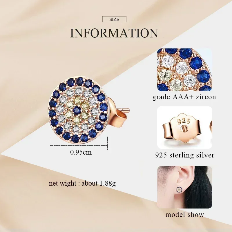 KALETINE Genuine 925 Sterling Silver CZ Crystal Lucky Turkey Evil Eye Earrings For Women Yellow Rose Gold Jewelry KLTE009