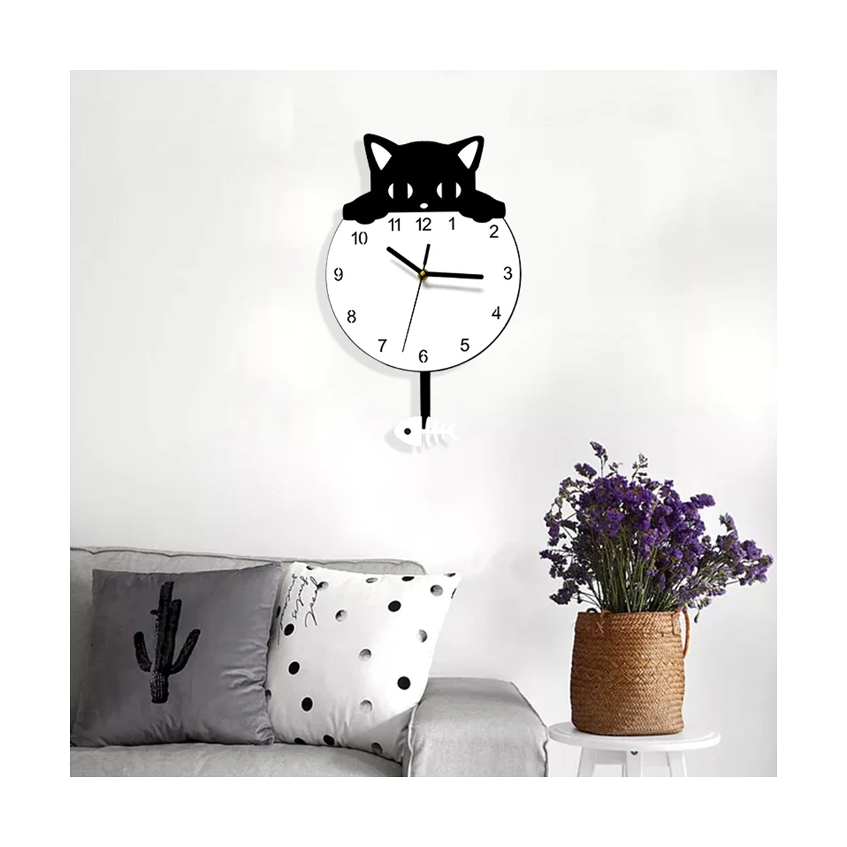 Kitten Home Decor Wall Clock Novelty Kitten and Fish Wall Clock Kitten Clock with Swinging Tail Gift for Kitten Lovers