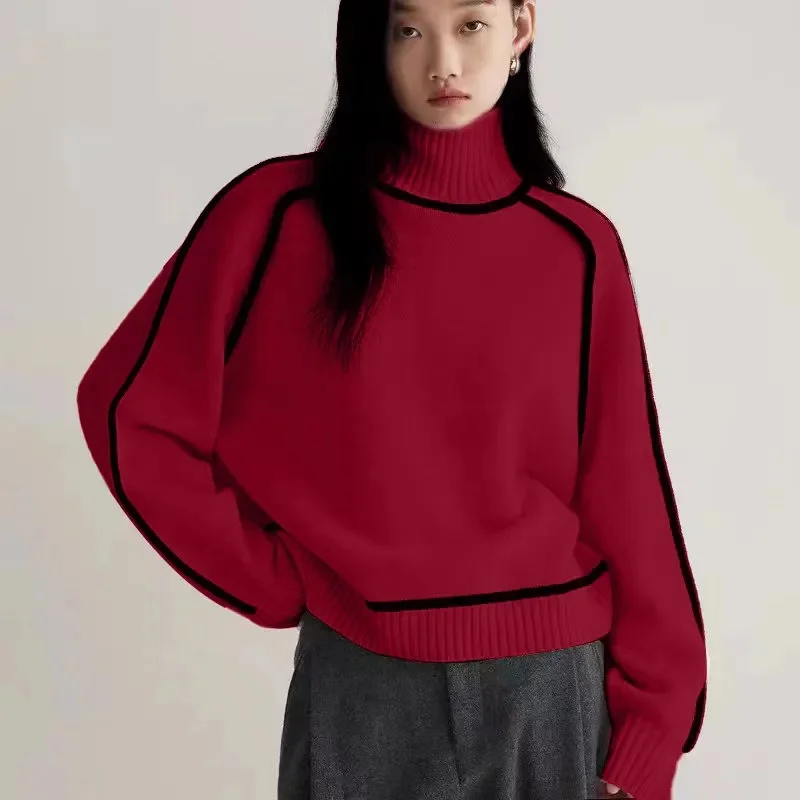 Three-dimensional Striped Slim Casual Loose Knit Top 2024 Autumn and Winter New Lazy Wind Turtle Neck Sweater Female