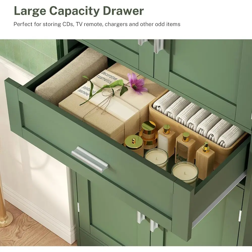 Zielona wolnostojąca szafka łazienkowa z 4 drzwiami i regulowanymi półkami do użytku domowego