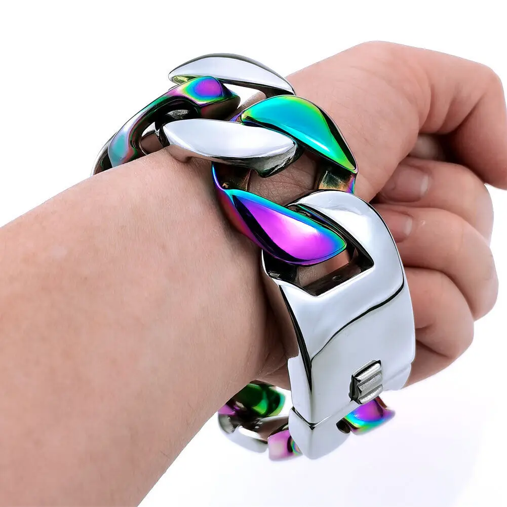 Men Bracelet 32mm Heavy Weight Bling Massive 316L Stainless Steel and rainbow