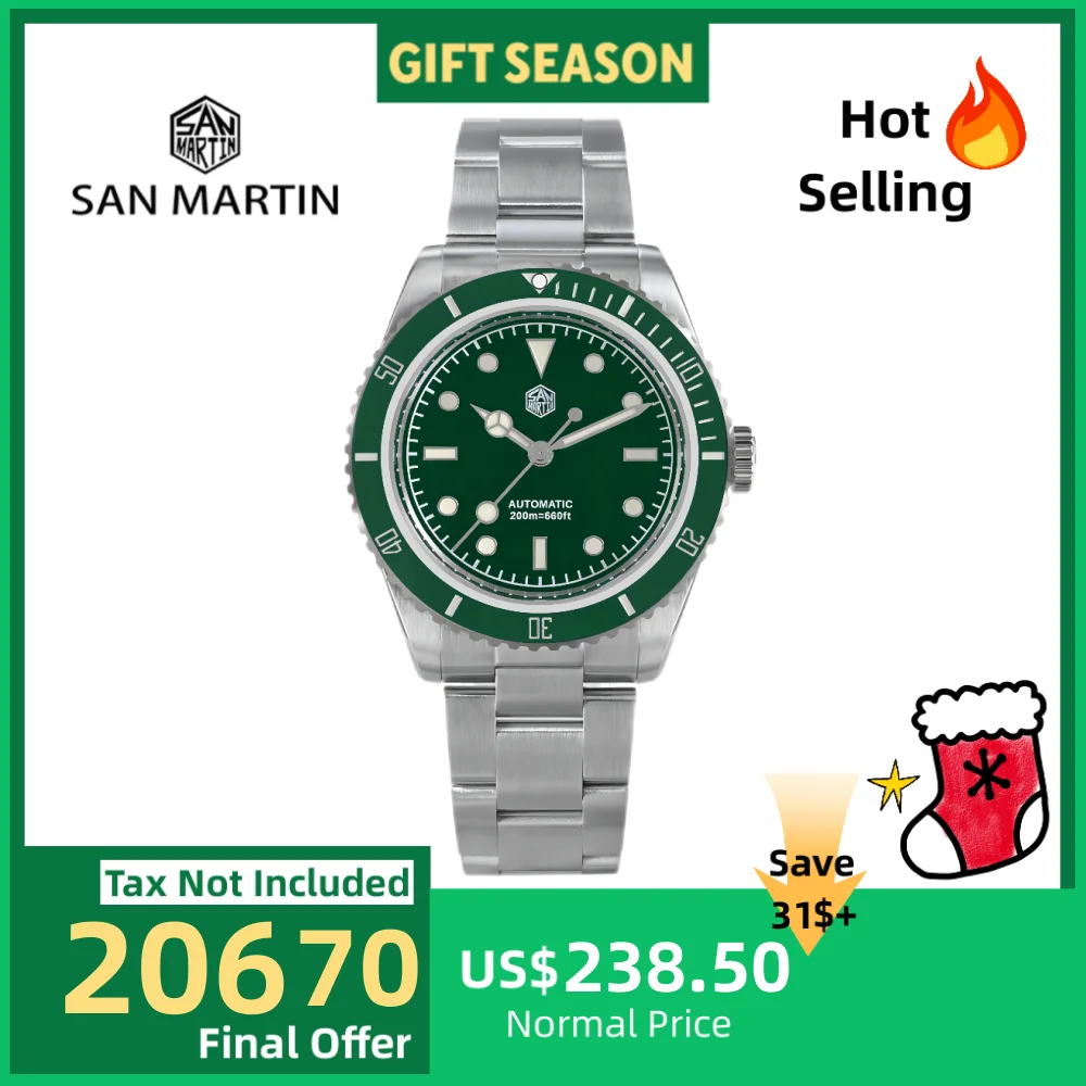 

San Martin 38mm Vintage 6200 Men Watch NH35 Water Ghost Automatic Mechanical Wristwatch BGW-9 Lume 20Bar Zegarek Męski SN0004-4
