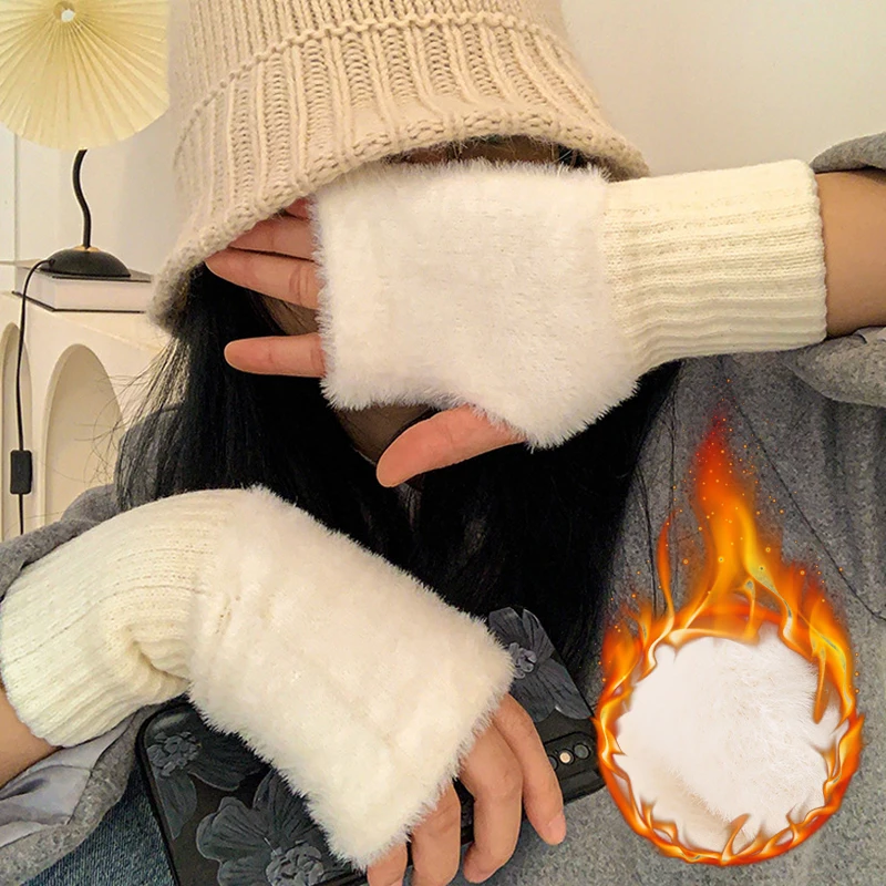 Winter Women TouchScreen Half Finger Gloves Fluffy Imitation Mink Fingerless Gloves Stretchy Hand Wrist Arm Warmer Warm Mittens