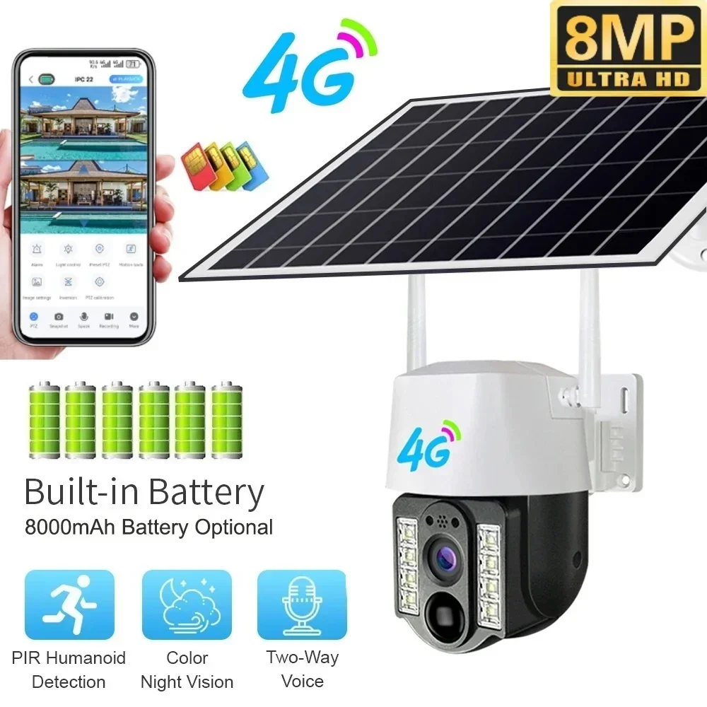 camera solar de 8mp cartao sim 4g ambiente externo deteccao humanoide pir wi fi energia alimentada a prova dagua cctv protecao de seguranca domestica 01