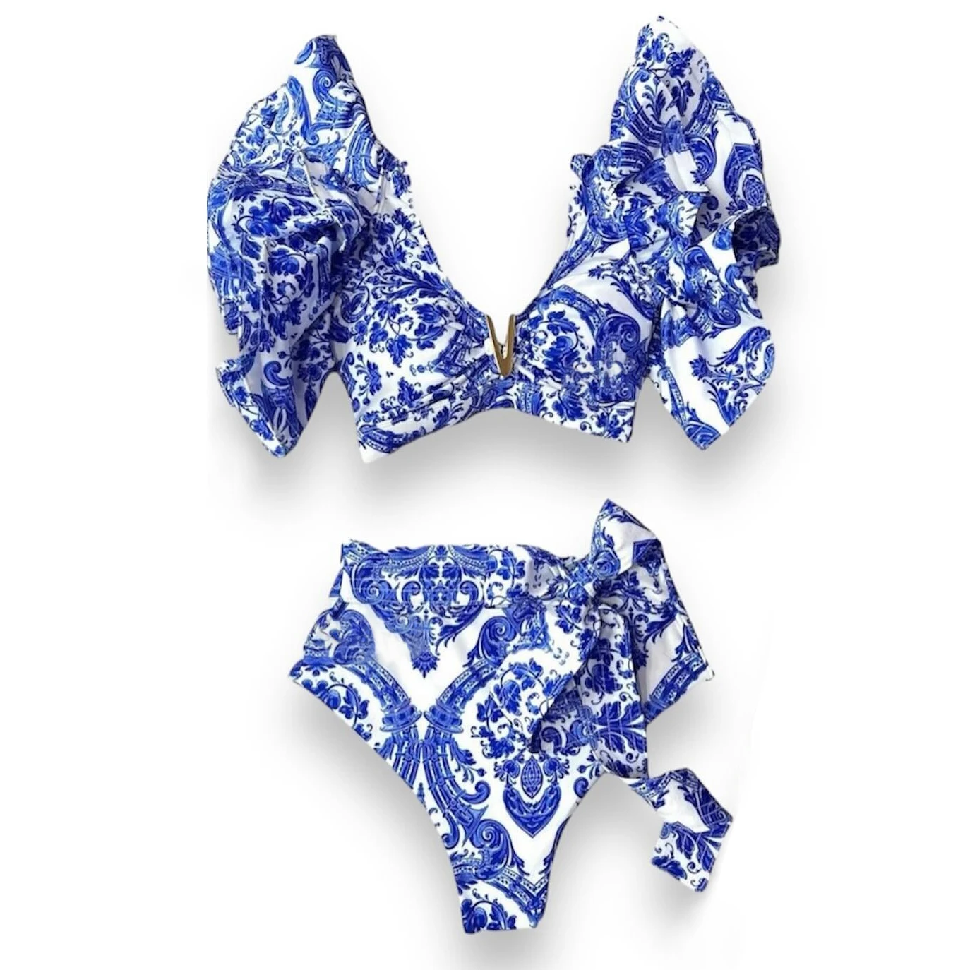 Sporlike V-Neck High Waist Bikini Sets Shoulder Ruffled Sexy Printed Swimsuit Two Pieces Swimwear Women 2025 Bathing Suits image 4