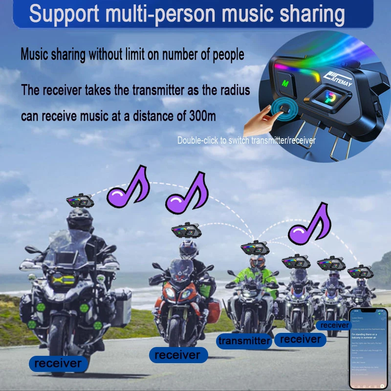 P20 Motorcycle Helmet Headset Bluetooth 5.0 Noise-Canceling 300m Multi-person Music Sharing With 5 RGB Colorful Ambient Light