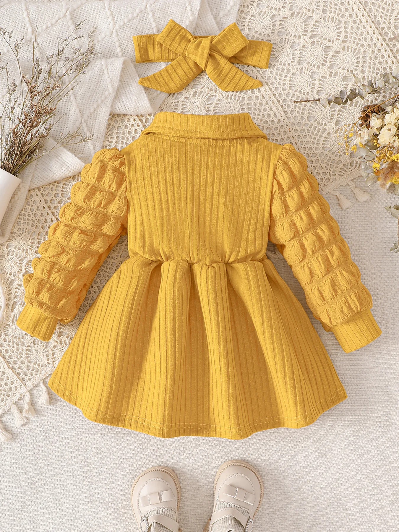 Ginger Yellow Square-Neck Puff-Sleeve Ribbed Knit Dress + Bow Headband Two-Piece Set, Sweet Princess Style for Autumn and Winter