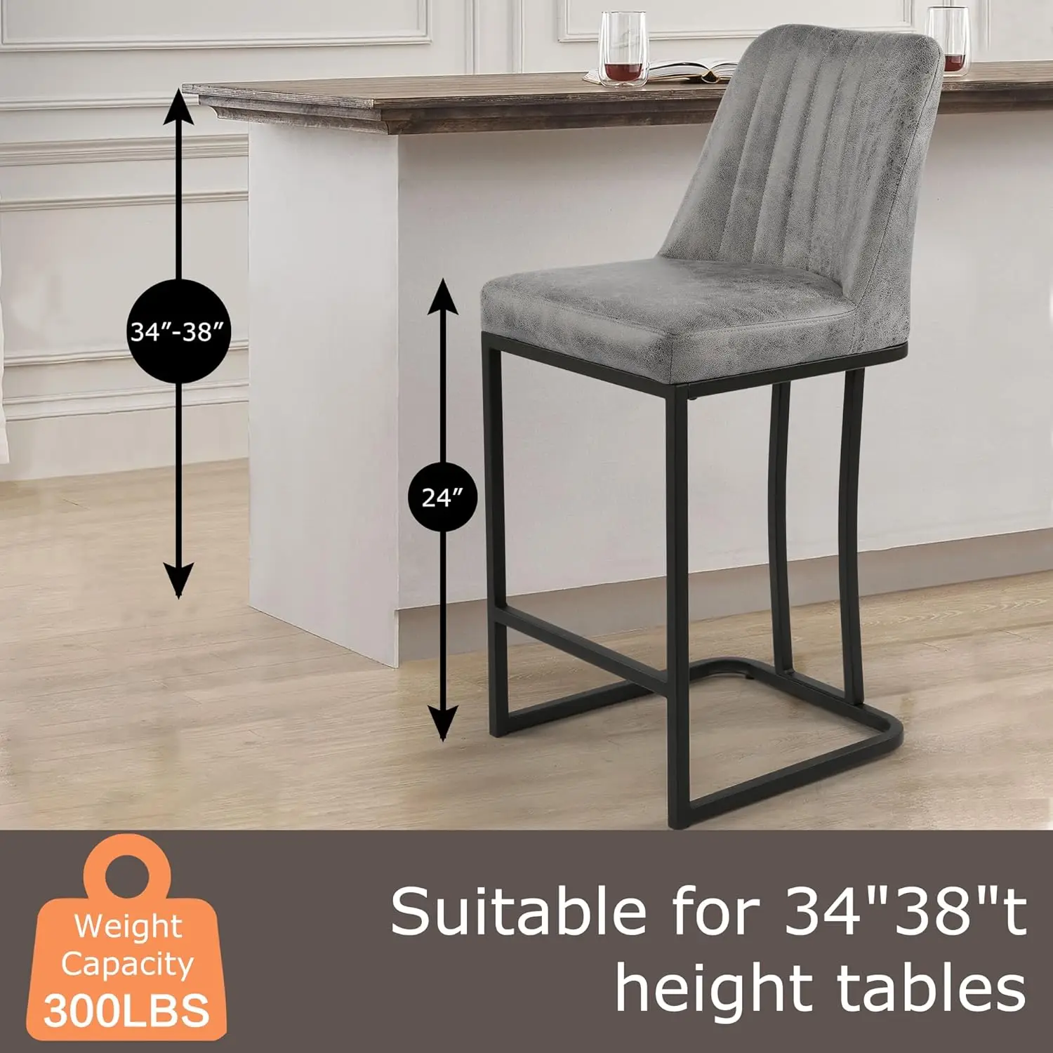 Set Of 4 Counter Height 24 Inches Stool Barstools Modern Bar Chairs With Metal Leg And Footrest For Kitchen (Gray)