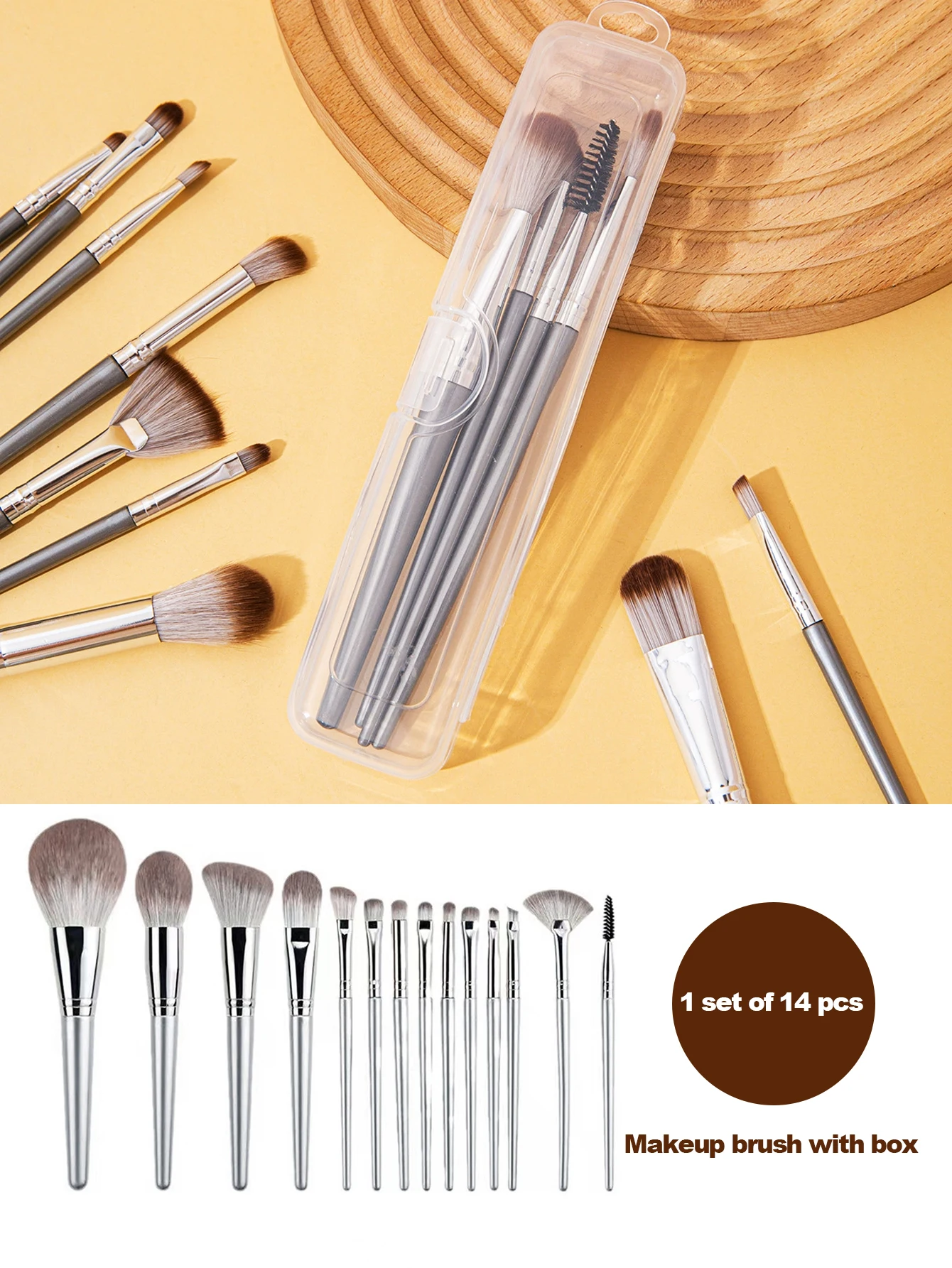 1 Juego de 14 brochas de maquillaje, polvo reparador de ojos para principiantes, sombra correctora de alto brillo, juego completo de brochas de pelo suave, llevar una caja