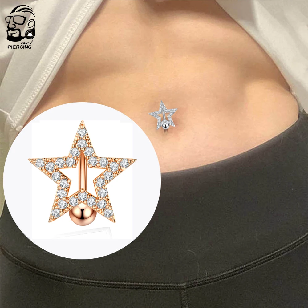 1pc Reversed Bar Star Crystals CZs Belly Navel Rings Fashion Inverted Bar Navel Piercing Nombril Jewelry Steel Belly Button Ring