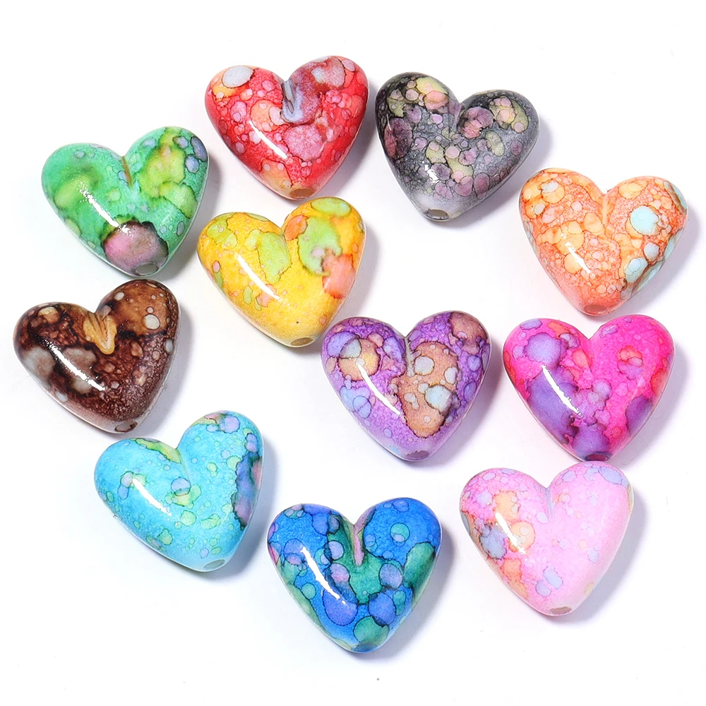 10-20 Stück bunte, bemalte Herz-Acrylperlen, gemischte Farben, lose Perlen für die Schmuckherstellung, DIY-Halskette, Ohrringe, Handy-Schlüsselanhänger