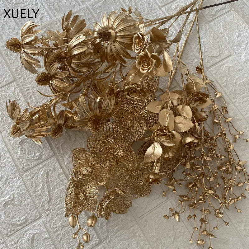 Golden Series Artificial Flowers Eucalyptus Hydrangea Leaf Wedding Floral Arrangement Decor Christmas Home Fake Plants Props