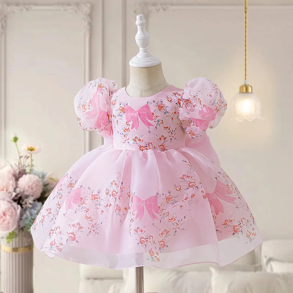 Newborn Girl Print Princess Dress with Big Bow Baby Girls' Pink Dresses Kid 1st Birthday Clothing