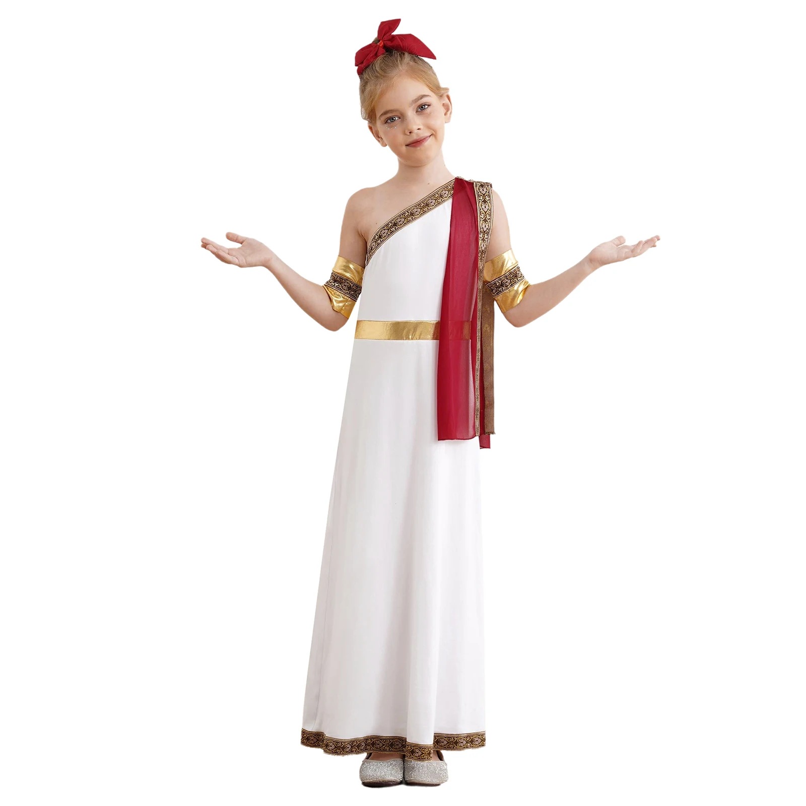 أطفال بنين بنات اليونانية القديمة تأثيري حلي هالوين توغا فستان روماني كلاسيكي كتف واحد رداء مع الأصفاد كرنفال فستان #3