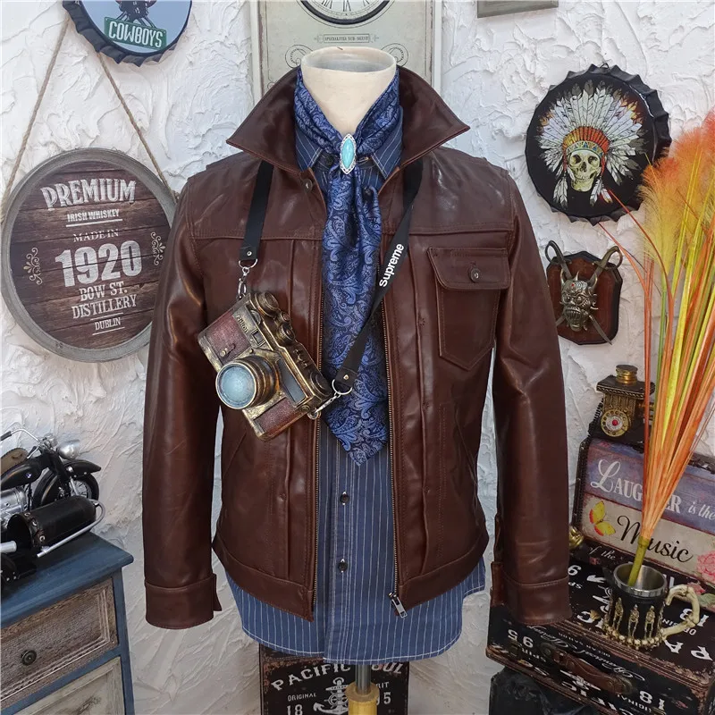 

YR!Free shipping.wholesales Brown soft horsehide jacket.men slim genuine leather coat.quality vintage leather clothes.