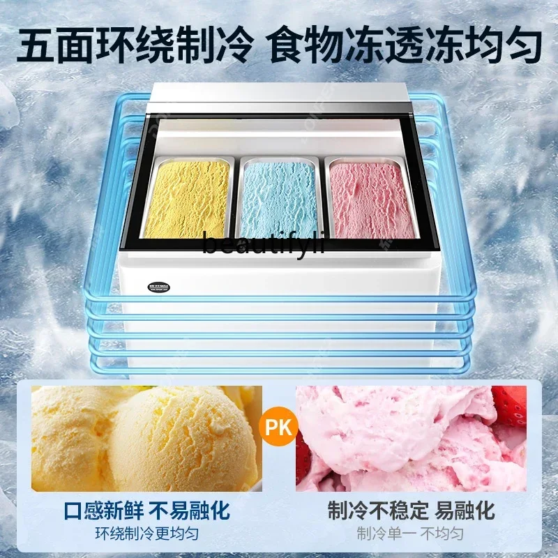 E132 علبة عرض الآيس كريم سطح المكتب 3 صناديق ثلاجة الآيس كريم المجمدة قطع سميكة خزانة عرض الزبادي المقلي