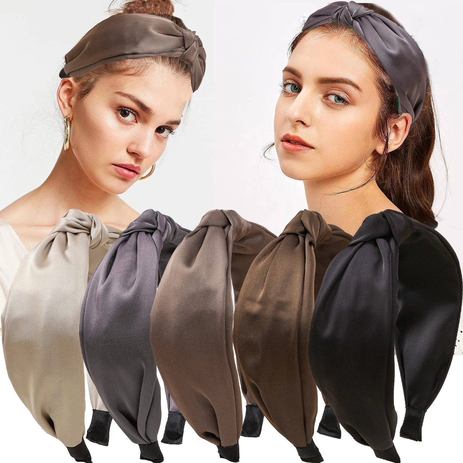 

5 шт., коричневые, хаки, широкие повязки на голову с однотонным узлом для девочек, корейские обручи для волос в стиле ретро для детей, женщин, повседневный декор, аксессуары для волос