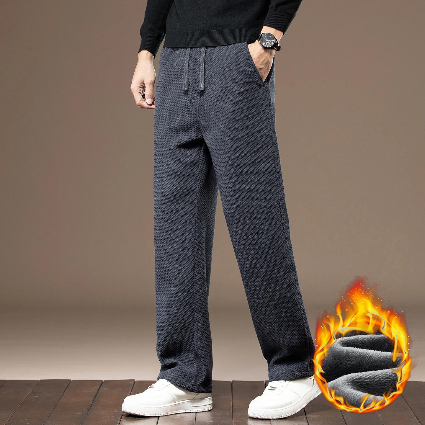 High Quality Winter Fleece Warm New Knitted Pants Men Drawstring Elastic Waist Outdoors Jogging Flocking Straight Trousers Male