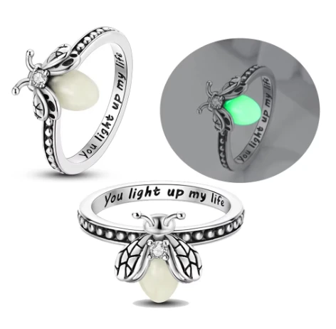 925 Sterling Silver Red Luminous firefly Heart Stone Snowflake Daisy Ring Rings Wedding Fashion Fine Jewelry For Mother Day - view 2