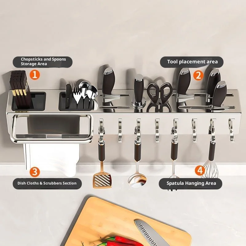 Stainless Steel Kitchen Knife Holder Wall Mounted No Drilling Multi-Function Chopsticks And Kitchen Knife Storage Rack
