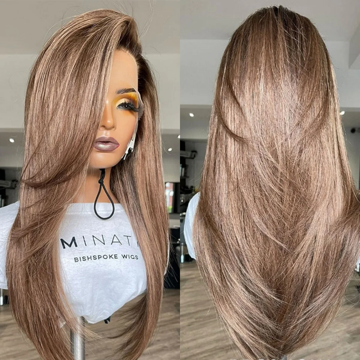 Party Cosplay Wigs Chocolate Brown Synthetic Wig HD Lace Front Wigs Layer Highlight Wig High Quality Natural Straight Luxury Wig
