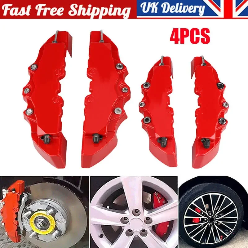 4 Pcs Universal Car Disc Brake Caliper Covers Red 3D Style Front & Rear Kits