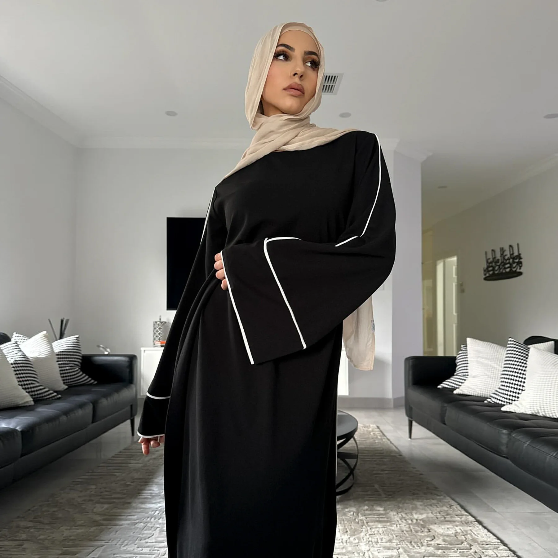 Muçulmano abaya multi cor longo cardigan com guarnição branca elegante modesto islam outerwear para mulher tecido premium estilo dubai 2025