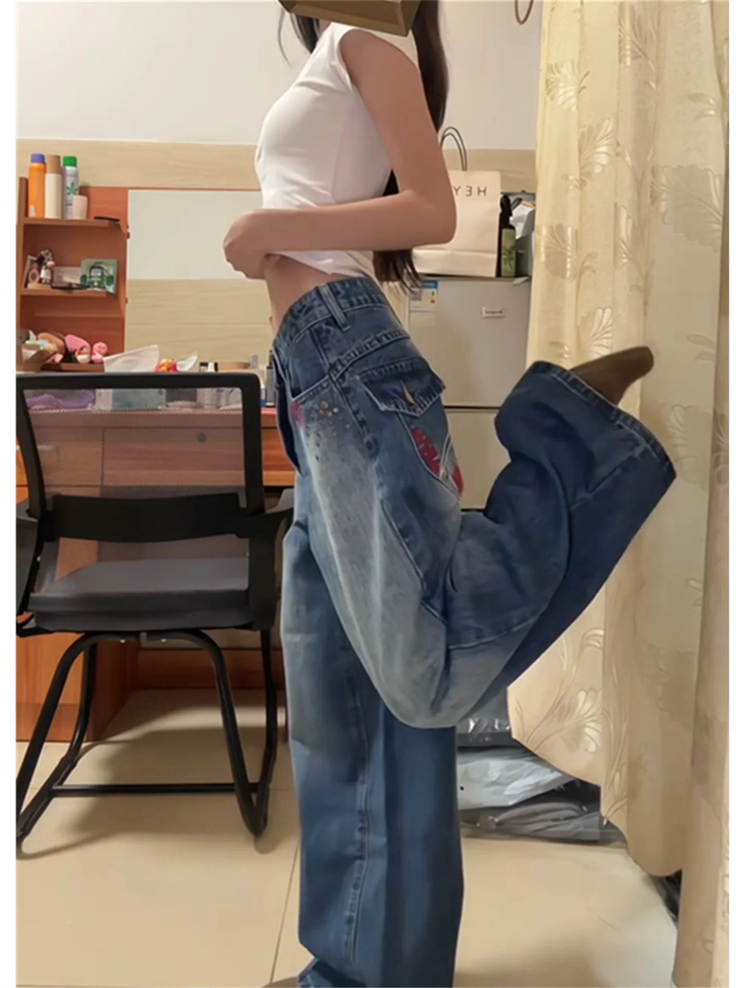

American Retro Rhinestone Embroidered Wide Leg Jeans Women Loose Slimming Tall Extended Floor-Length Pants Casual High Waist