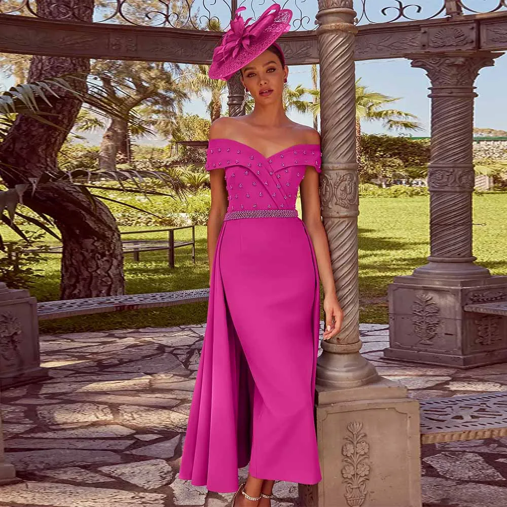 Customized Luxury Cocktail Dresses Crepe Fabric Column Groom's Mother Dress Fuchsia Off-the-shoulder Pearls Cape Prom Dress Midi