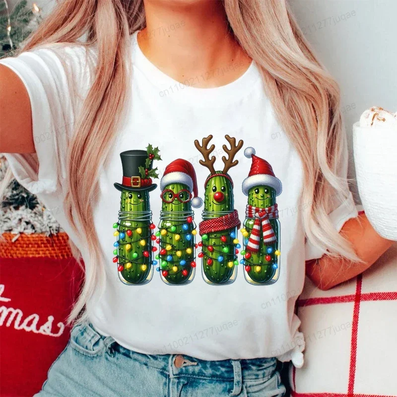 Christmas Pickles Printed Female T-Shirt Short Sleeve T Shirt Christmas Season Tshirt Tee Women Graphic Tee Clothes Xmas Gift