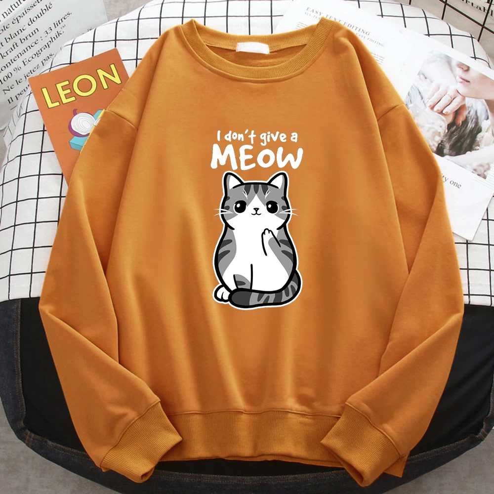 Simple Autumn Womens Sweatshirt I Don\'T Give A Meow Funny Cat Cartoon Animalmale Print Hoody Fleece Pullovers Loose Warm Tops