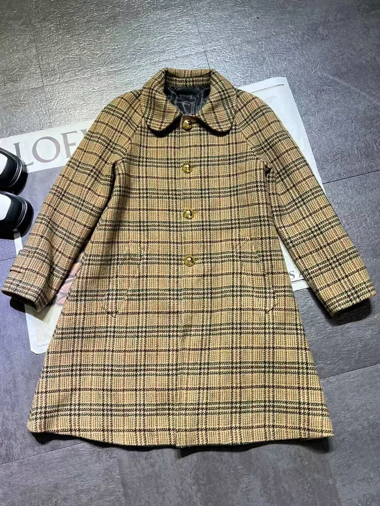 British style vintage plaid doll collar single breasted wool coat 2024 fall women's new fashion all-match long jacket jacket