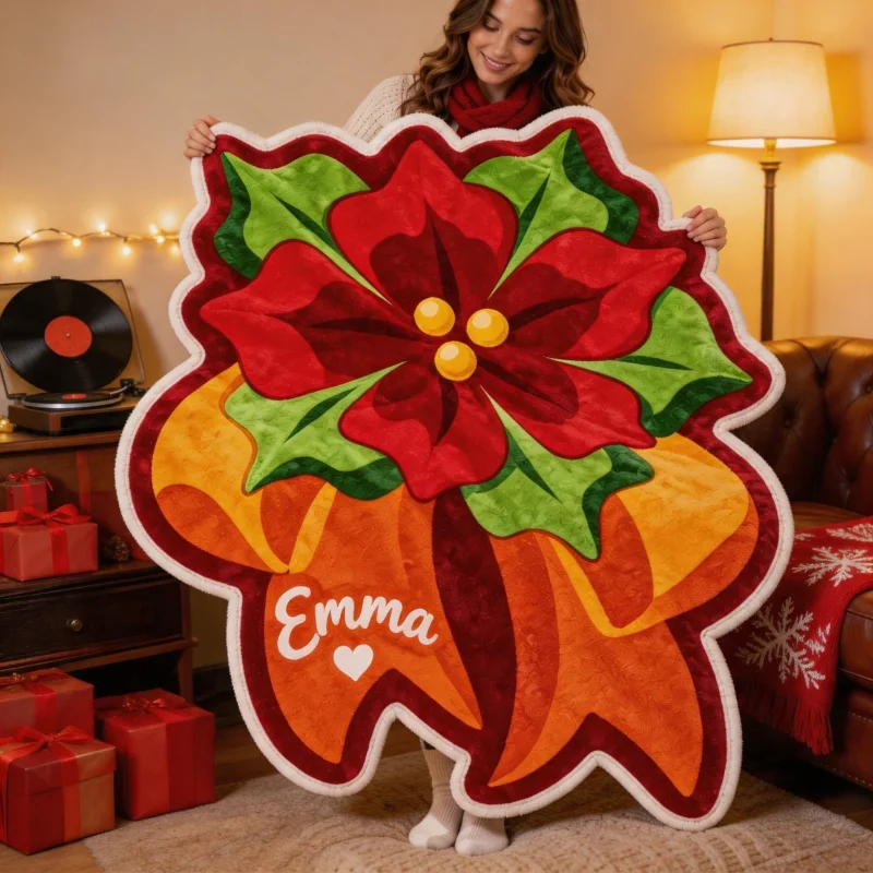 Custom Shaped Throw Blanket Personalized Name Christmas Poinsettia Theme Cute Decorat Living Room Sofa Throw Covers Fashion Gift