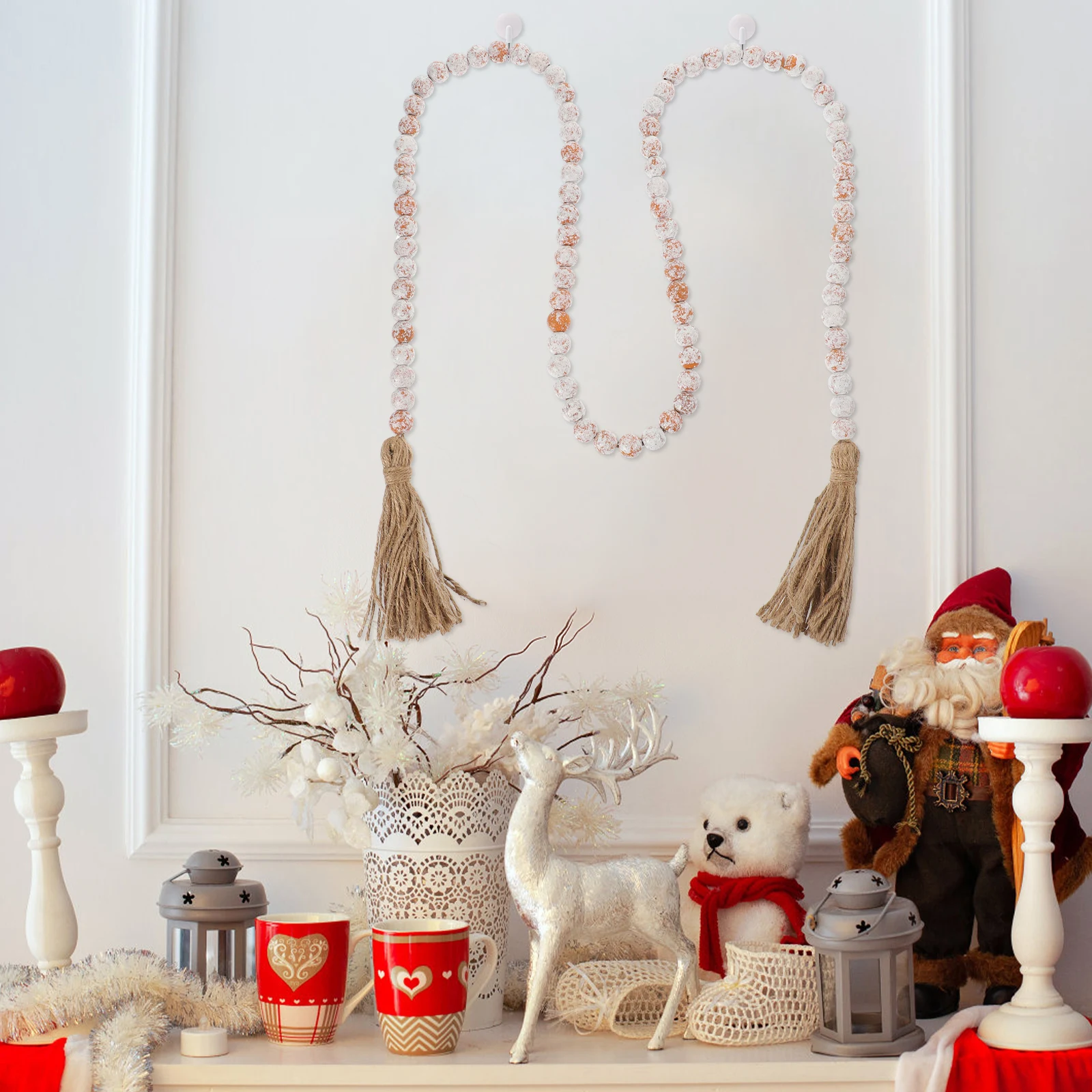 

Wooden Bead Garland With Tassel Rustic Hanging Decor Farmhouse Wall Bead String Home Coffee Bar Decoration Tassel Beaded Pendant