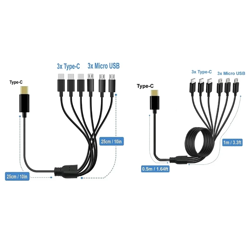 Универсальный зарядный кабель USB C, Шнур от 1 до 6, зарядный кабель Type-C до 3 Micro USB + 3 типа C аналогичен (только для зарядки)