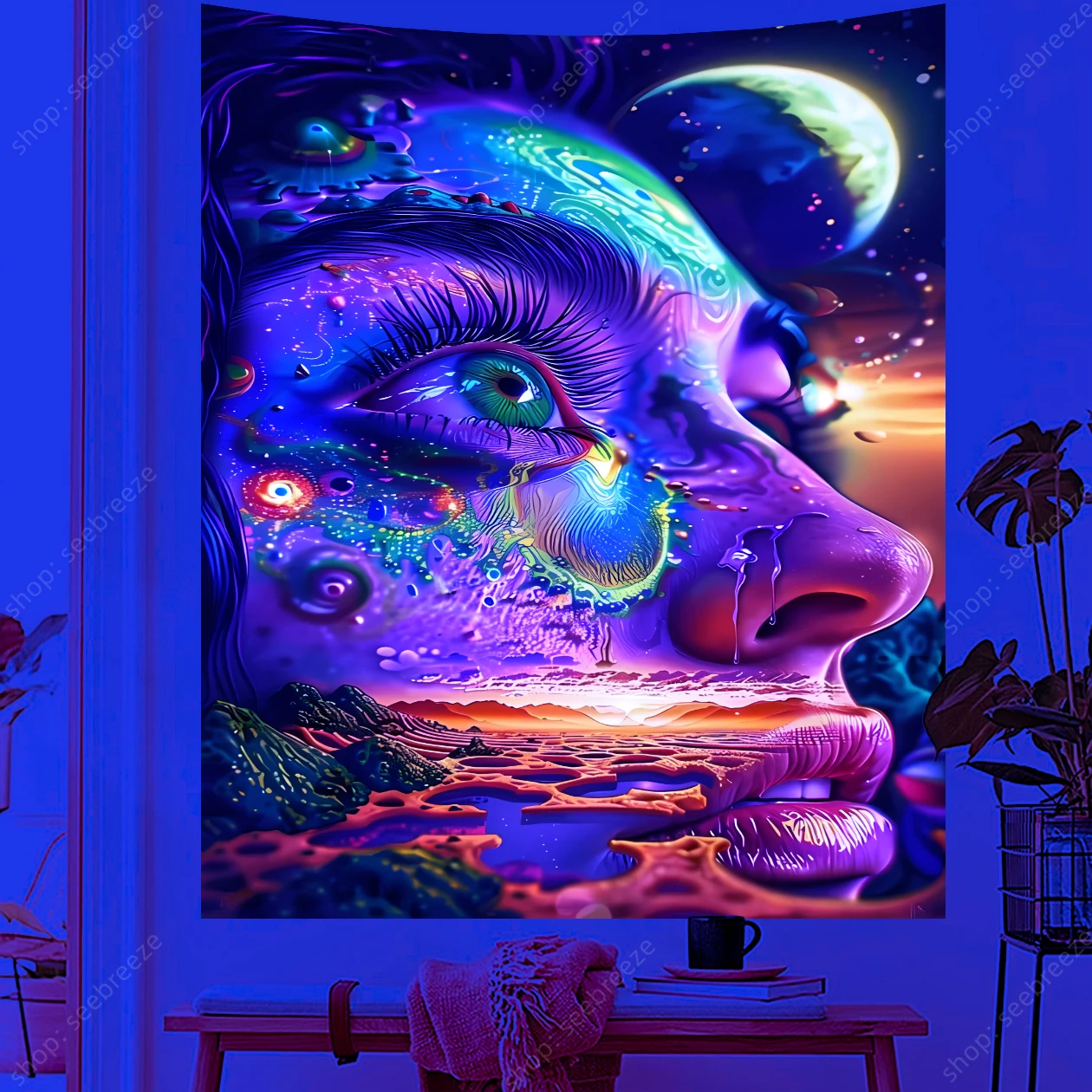 

Abstract Woman UV Reactive Tapestry Psychedelic Eyes Tapestry Aesthetic Boho Home Decor Bedroom Dorm Wall Decor Gift for Friend