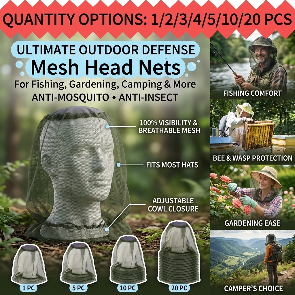 Outdoor Mosquito Net Head Cover for Fishing Camping Hiking 70D Nylon Breathable Mesh Head Net Effectively Isolates Mosquitoes