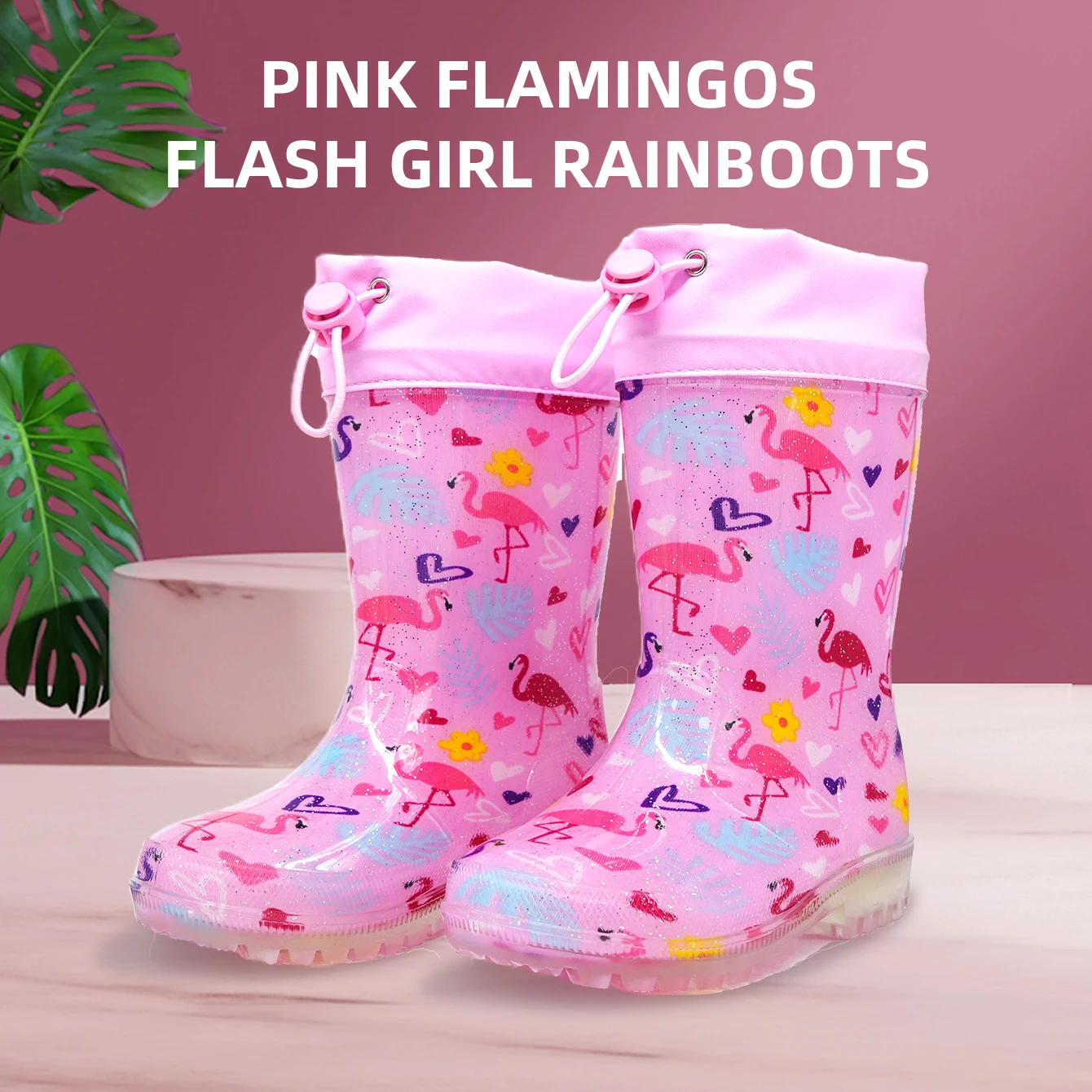 Kids’ Outdoor Pink Flamingos Glitter Rain Boots with Drawstring Closure - Waterproof Anti-slip Water Shoes - Wear-Resistant