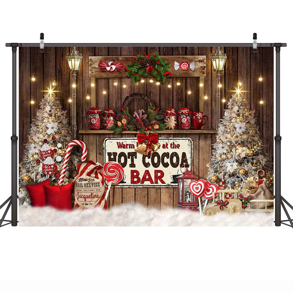 Christmas Hot Cocoa Bar Photography Backdrop Warm Xmas Portrait Photocall Winter Retro Wooden Candy Shop Banner Photo Background