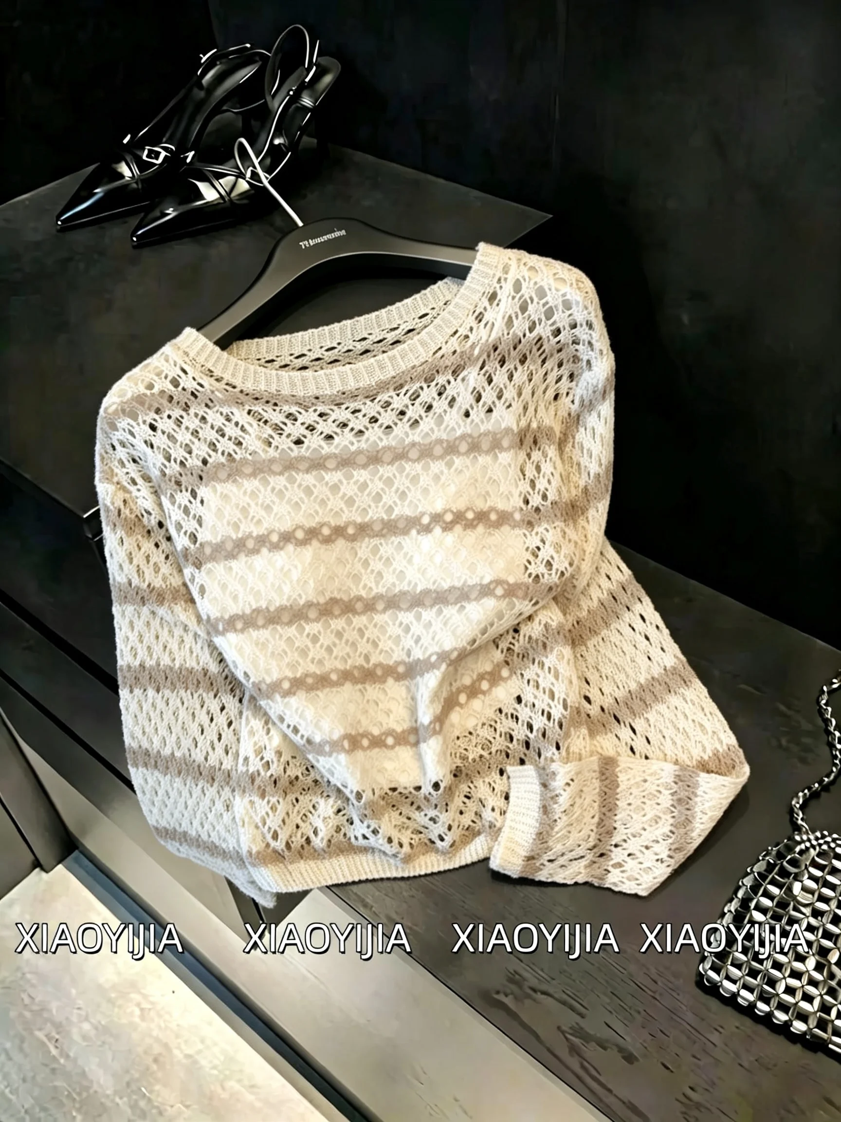 

Retro Hong Kong Style Striped Long Sleeve Knitted Sunshade Cover up Women's Summer New Pure Desire Layering Slimming Tank Top...