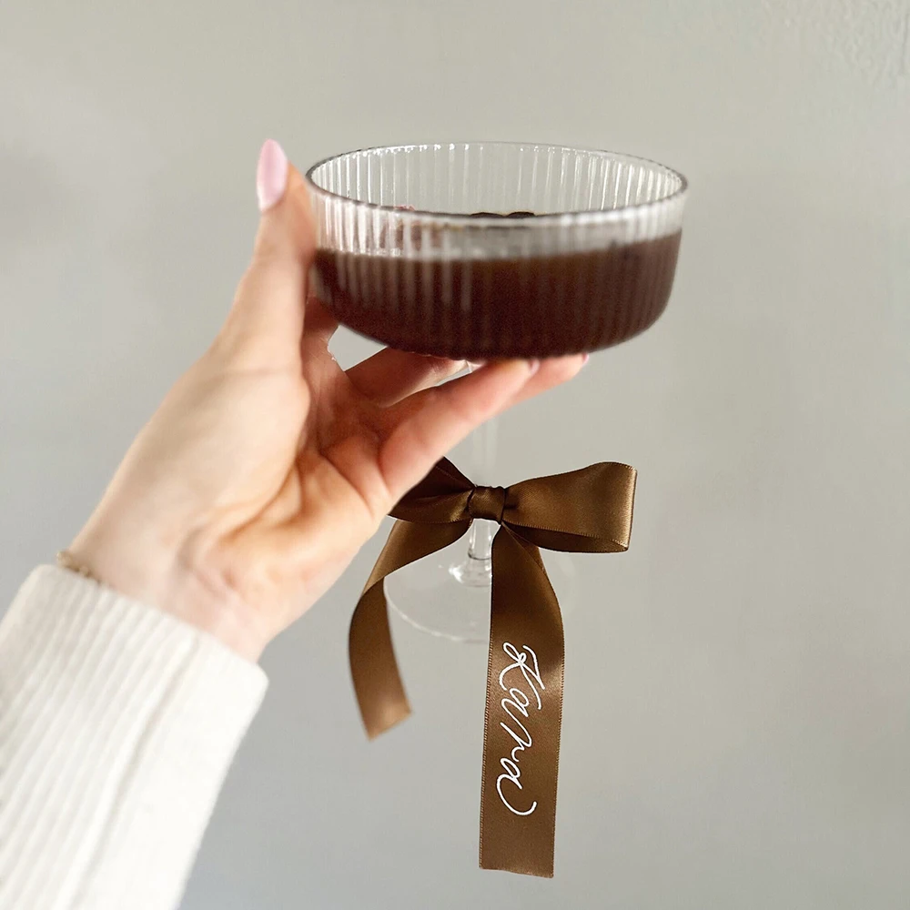 70cm Personalized Drink Tag Ribbon Wedding Champagne Coupe Glasses Tag Ribbons Bow Drink Place Tags Party Anniversary Decoration