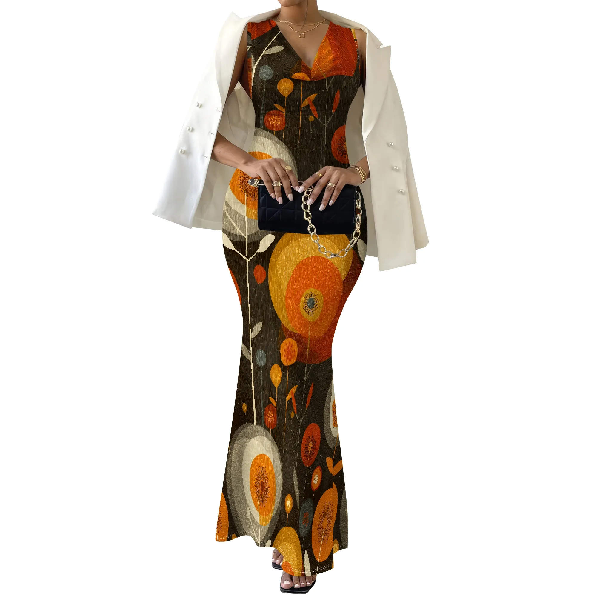 Retro Print Cowl Neck Mermaid Dress, Abstract Floral Maxi Gown, Vintage Art Pattern Evening Wear for Women, XS-2XL