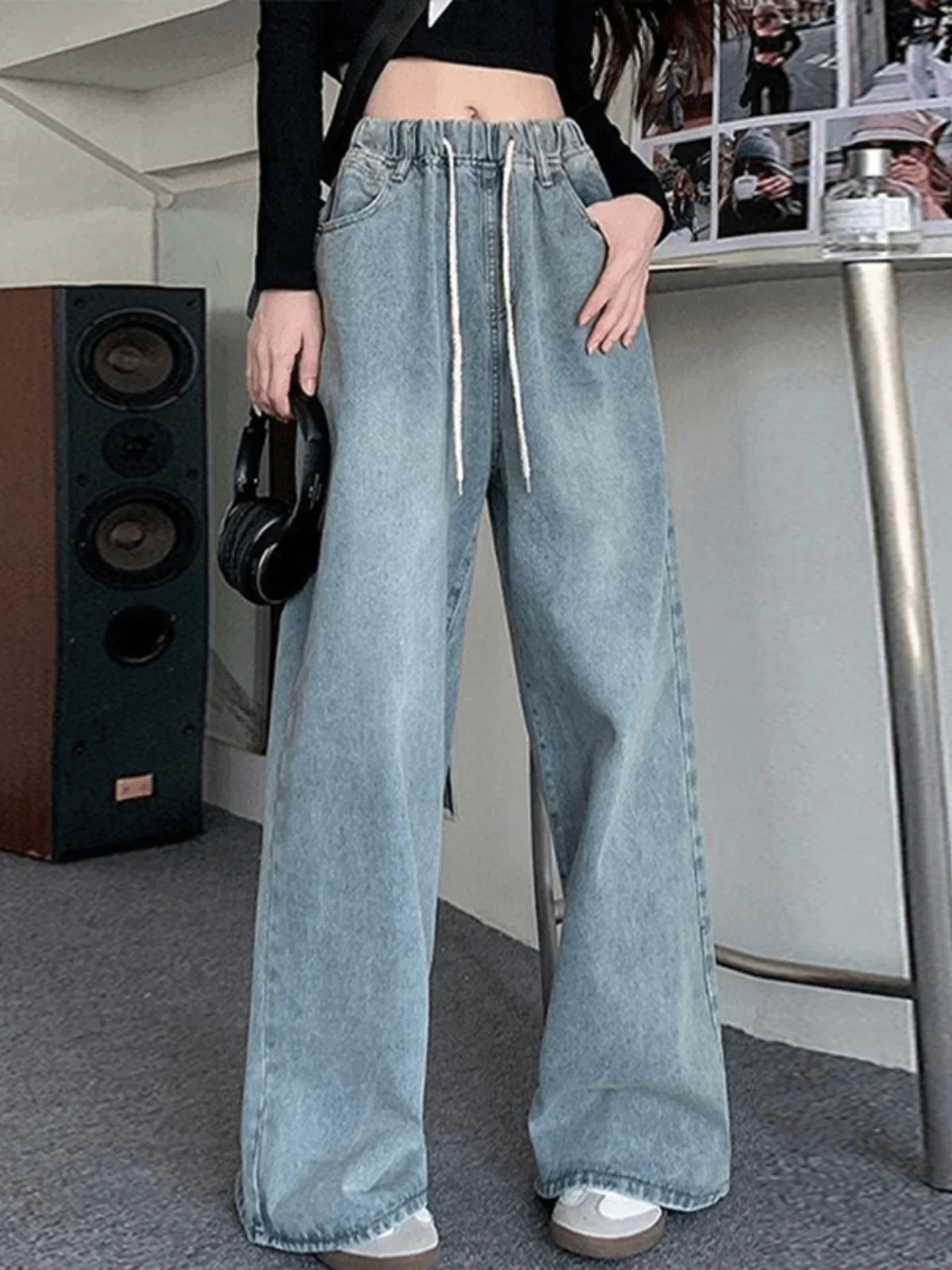 

Botvotee Elastic Waist High Waist Wide Leg Jeans for Women Loose Straight Blue Long Denim Pants Female Fashion Streetwear Jeans