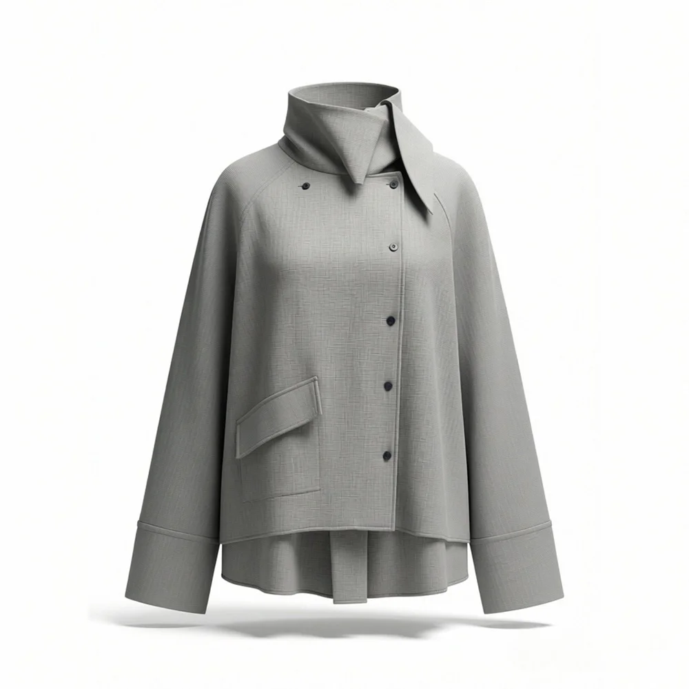 

2026 new women's commuting style asymmetrical hem long sleeved high neck pleated loose shirt top