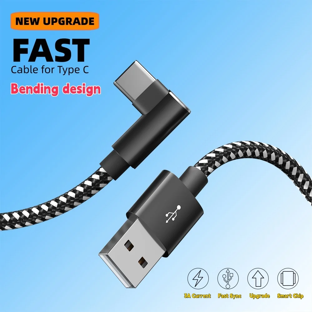  USB Type C Data Cord 90 Degree Fast Charge Aluminum Alloy Head USB Cable  For iPhone 17 Samsung Xiaomi Huawei Phone Charger