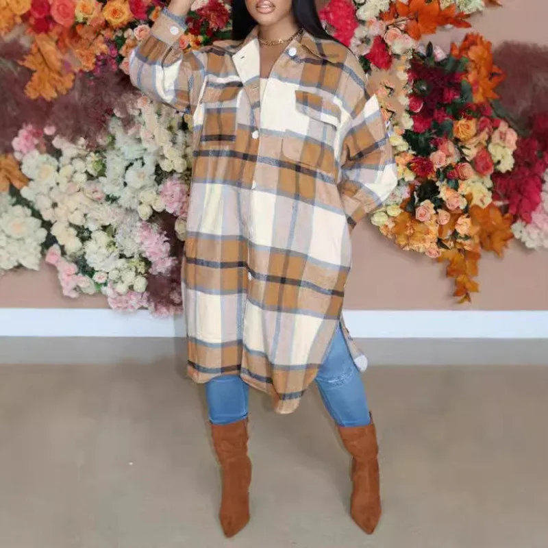 

Blouses Women Mid Length Shirt Vintage Plaid Turn Down Collar Full Sleeve Tops Casual Y2k Streetwear Elegant Splice Shirts 2026